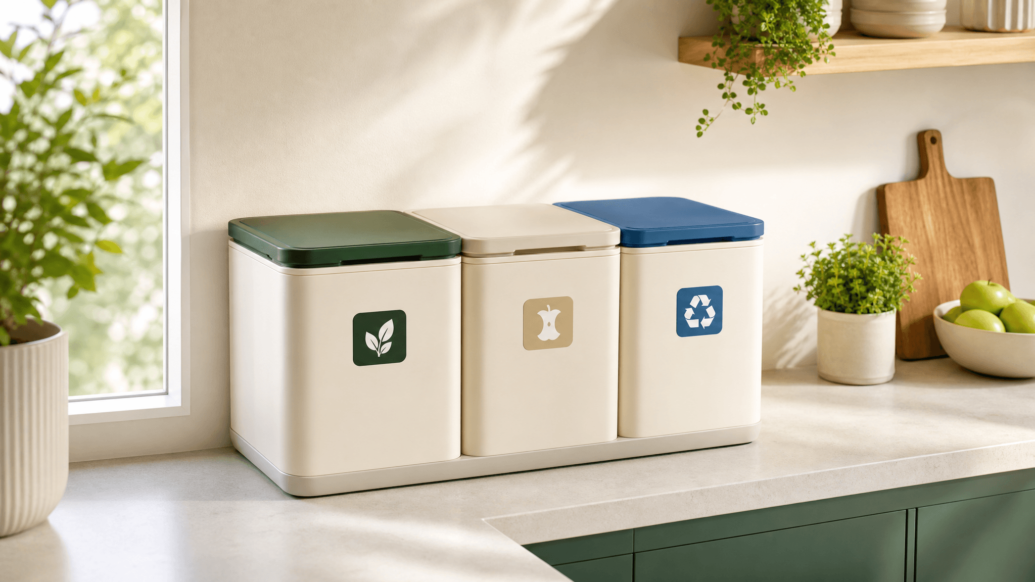 Sortwell three-bay countertop sorting station in a bright kitchen