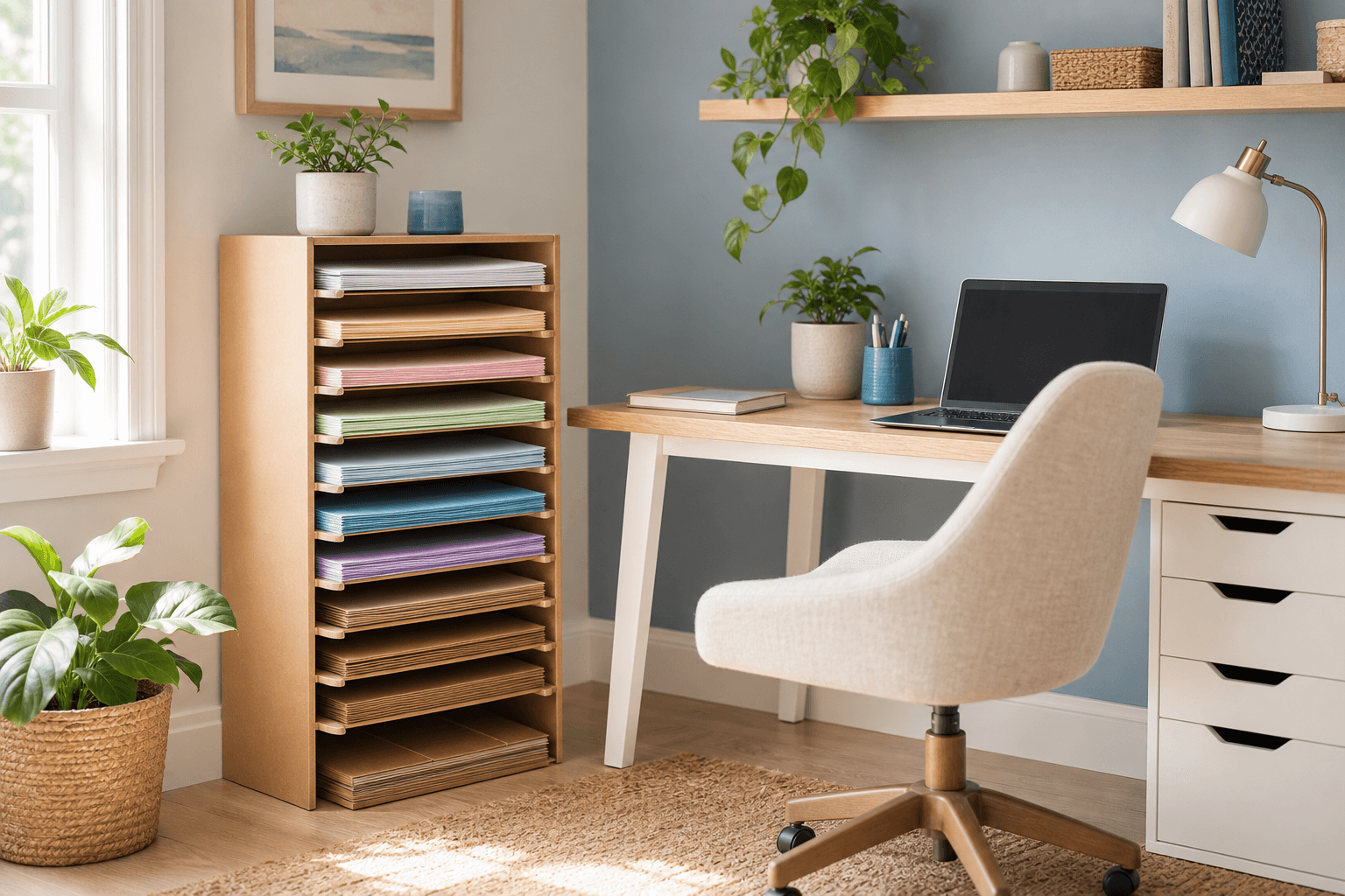 A tidy home office with a paper and cardboard sorting bay