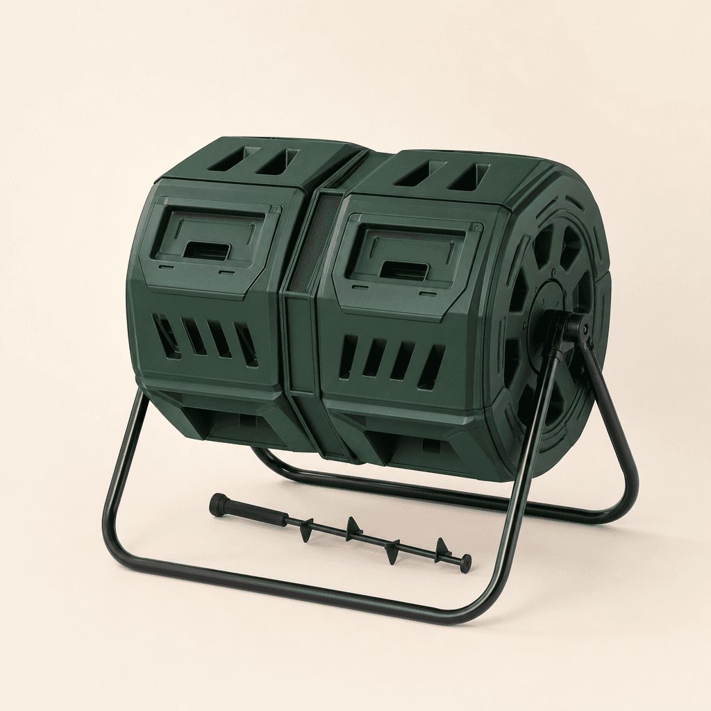 Balcony Compost Tumbler — Dual-chamber outdoor composting for balconies and small yards.