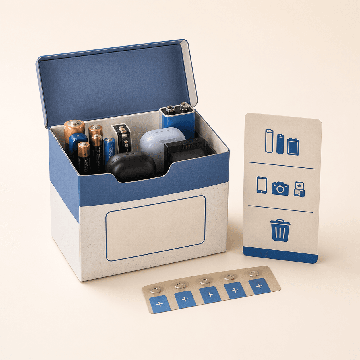 Battery & E-Waste Box — Safe interim holding box for household batteries and small electronics — for storage, not disposal.