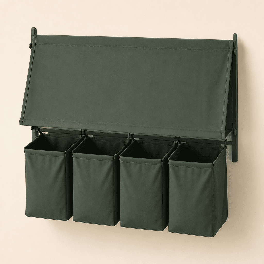 Family Sorting Wall — Modular wall-mounted four-bag capacity for laundry and utility rooms.